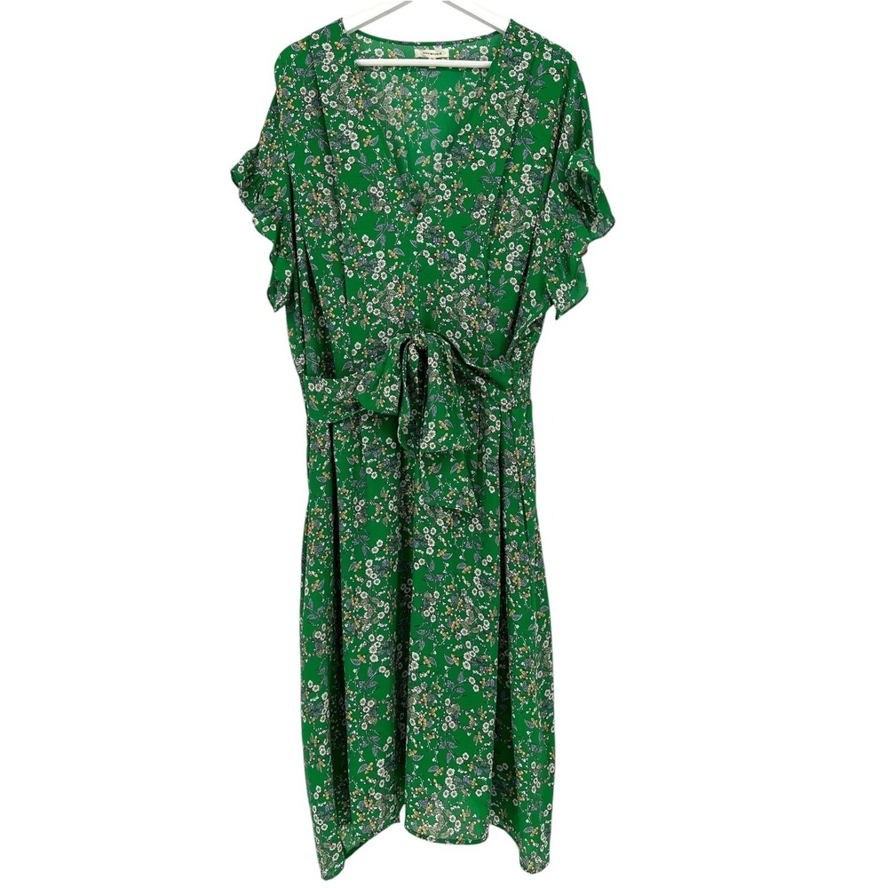 Max Studio Midi Dress Women 2X Green Floral Ruffle Sleeve Tie Front Boho Ditsy